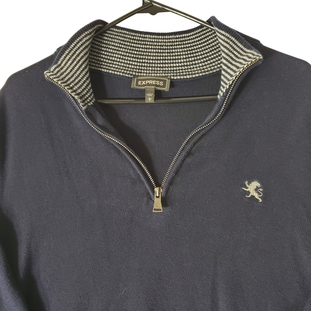 Express Mens Navy Blue Quarter Zip Sweater Lion Logo Mock Neck Pullover Large